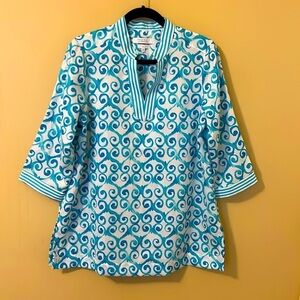 NWOT Foxcroft WrinkleFree 100% Cotton Shirt Tunic Turquoise White Size 12Petite